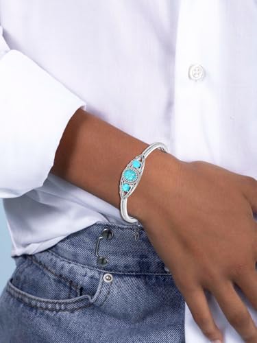 Genuine 3 Turquoise Stone Bracelet, Sterling Silver Boho Adjustable Large Bangle Cuff Native American Jewelry for Women, Fit for 6.5 7 7.5 Inches