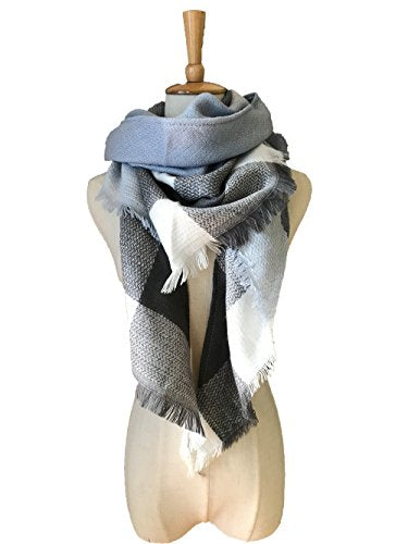 Wander Agio Womens Warm Long Shawl Winter Wraps Large Scarves Knit Cashmere Feel Plaid Triangle Scarf - color: Grey Light Blue 28