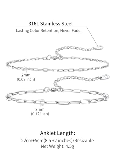 ChainsHouse Ankle Bracelets for Women, Stainless Steel Chain Anklets Waterproof, Women Summer Beach Jewelry Gift, Come with Box - color: 02. 2Pcs-(2+3mm)-Paperclip-Steel