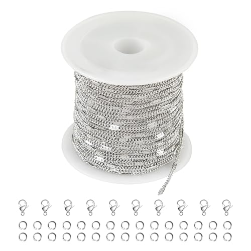 Kyutong 10M Stainless Steel Chain for Jewelry Making Thin Curb Silver Chains for Necklace Bracelet Making Supply Jewelry Findings - color: Flat Curb Silver