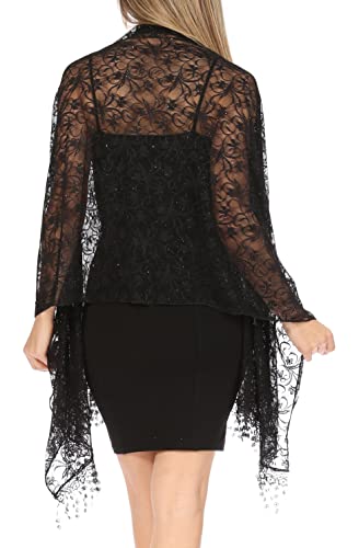 Sakkas Mari Women's Large Lightweight Soft Lace Scarf Wrap Shawl Floral and Fringe - color: Style3-black