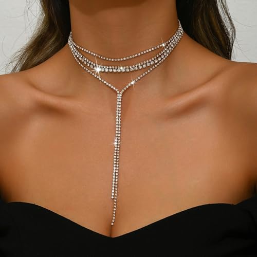 Boho Layered Necklaces for Women Fashion Y Long Neckalce Statement Long Sweater Chain Necklace Black Shiny Choker Necklace Wedding Bridal - color: Style-B