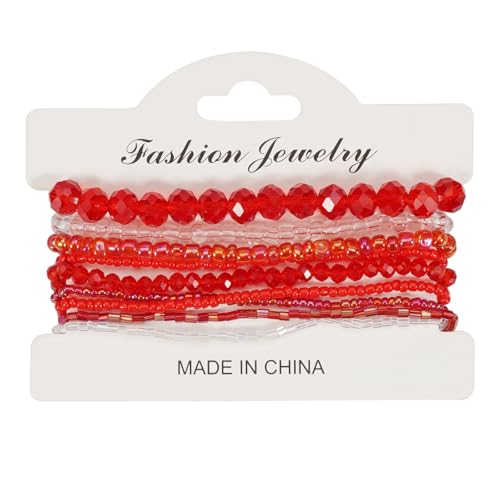 Caiyao Bohemian Multilayer Stackable Seed Beaded Bracelets Colorful Crystal Glass Beads Strand Bangle Bracelet BFF Wristbands Bracelet for Women Summer Beach Hawaii Jewelry Birthday Gifts - color: Red 1