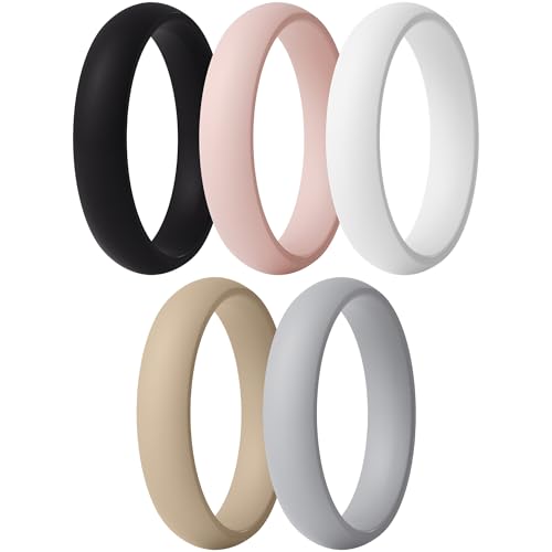 ThunderFit Silicone Bridal Rings Set for Women, 5.5mm Wide, 2mm Thick, Wedding Rubber Bands, Variety Multipack 1-12 - color: Pack A: Charcoal Black, Pure White, Concrete Grey, Coffee Beige, Nude Peach, size: 6.5 - 7 (17.35mm)