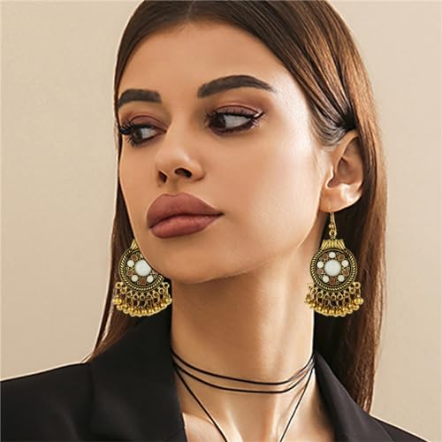 Vintage Boho Statement Drop Dangle Earrings for Women Bohemian Ethnic Handmade Beaded Charms Earring Bohemian Retro Chandelier Tassel Earrings Mexico Gypsy Jewelry Gift - color: Gold Round White