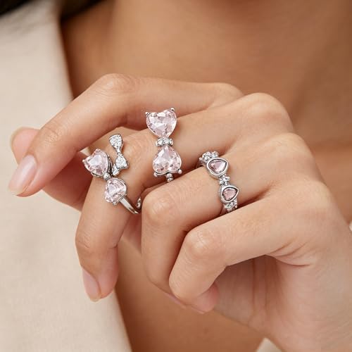 Bow Ring Set for Women Silver Stacking Adjustable Pink Heart Bow Rings Stacking Boho Statement Wedding Engagement Ring Anniversary Birthday Gifts - color: A