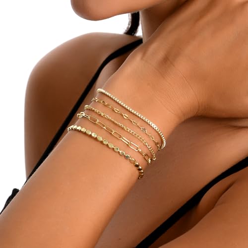 Dainty Gold Bracelets for Women, 14K Gold Plated Stackable Bracelet Set, Adjustable Beaded Cuban Paperclip Herringbone Figaro Snake Rope Chain Jewelry - style: Set2 Gold 5Pcs