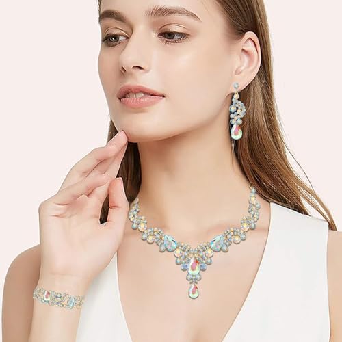 Paxuan Crystal Bridal Wedding Jewelry Sets for Women Rhinestone Teardrop Crystal Statement Choker Necklace Drop Earrings Link Bracelets Rings Teardrop Jewelry Set for Brides Bridesmaids - color: Necklace+Earrings+Bracelet+Ring（AB）