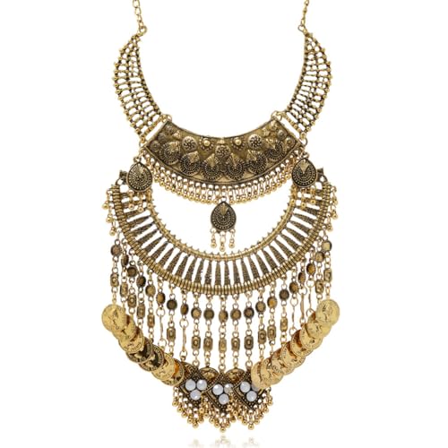 Vintage Engraved Bib Statement Necklace for Women Chunky Bohemian Ethnic Gypsy Choker Necklaces Jewelry