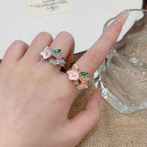 Butterfly Flower Ring for Women Enamel Flower Butterfly Finger Ring with Adjustable Opening Pink Ring Sparkling Fashion Flower Ring Christmas Birthday Party Prom Clothing Jewelry - color: Gold