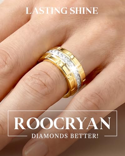 8mm Mens Gold Wedding Band with Cubic Zirconia Silver Eternity Ring CZ Inlaid 18K Gold Plated Stainless Steel Rings for Men, Rings Size 5-12 - color: Gold