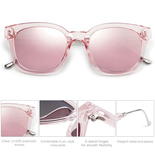 SOJOS Classic Square Polarized Sunglasses Womens Mens Retro Trendy UV400 Sunnies SJ2050 - color: Clear Pink/Pink Mirrored