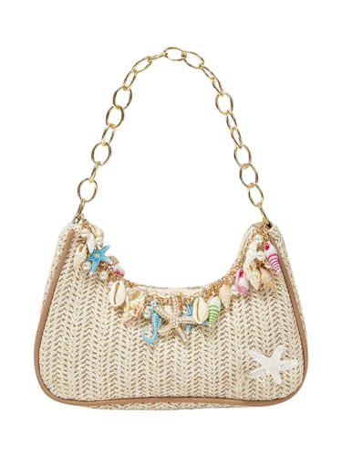 MakeMeChic Women's Straw Beach Purse Seashell Beaded Shoulder Handbags Summer Vacation Bags - color: Multicolor