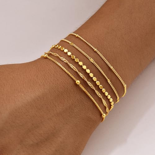 Gold Bracelets for Women, 14K Gold Plated Stackable Bracelet Stack Set Adjustable Charm Paperclip Chain Snake Link Layered Waterproof Jewelry Sets Gifts - style: Bracelets Set /3