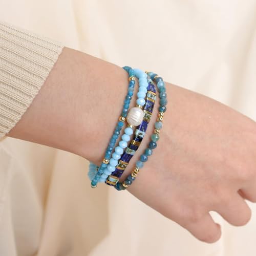 Tila Flat Beaded Stretch Bracelet for Women,Bohemian Friendship Bead Bracelets Handmade Stack Boho Jewelry Accessory for Everyday Wear, Vacation and Friend Gifts - color: blue