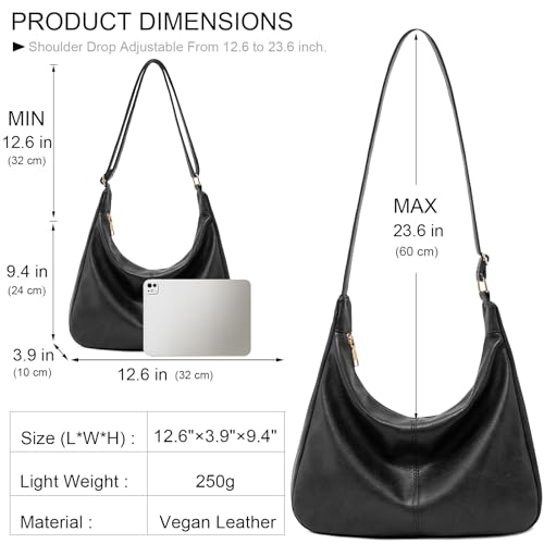 Hobo Bags for Women Foldable Vegan Leather Shoulder Handbag Slouchy Tote Crossbody Purses - color: Black