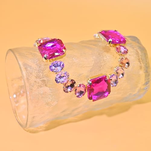 Fashionable Chunky Plated Tennis Rhinestone Statement Necklace Jewelry Set for Women Multicolor gem necklace with Great Sparkle and Shine Design for Women to Easy Match - color: fuchsia red big rhinestone