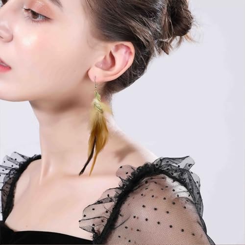 Feather Earrings for Women Bohemian Fringe Tassel Long Drop Dangle Earrings Lightweight Boho Statement earrings - color: brown
