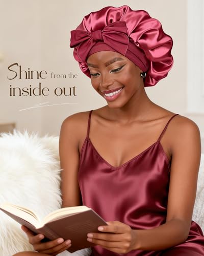 YANIBEST Adjustable Satin Bonnet for Sleeping Women Double Layer Hair Wrap Reduce Friction Prevent Frizz Natural Curly Hair - color: Purple Pink