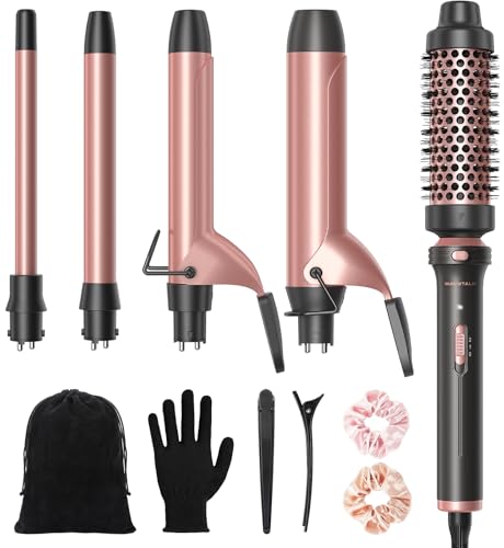 Wavytalk 5 in 1 Curling Iron,Curling Iron Set with Heated Round Brush and 4 Interchangeable Ceramic Curling Wand(0.5”-1.25"), Instant Heat Up,Dual Voltage Hair Curler - color: Rose Pink