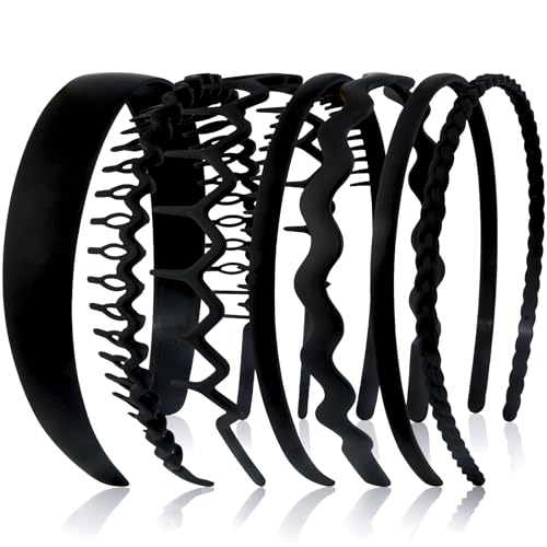 VELSCRUN 7 Pcs Different Headbands for Women Black Hair Bands for Women's Wavy Curly Hair Non Slip Plastic Head Bands with Teeth Comb Headband Face Wash Hair Accessories Gifts for Women Gilrs - color: Black