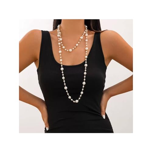 Long Gold Pearl Necklaces for Women White Faux Pearl Necklace Double Layered Pearl Necklace Jewelry Gift Sweater Accessories