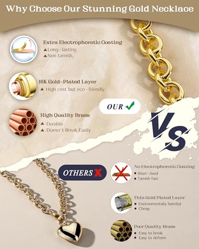 TEN MIRO 16k Gold Plated Chunky Gold Plated Necklace for Women Non Tarnish, 36'' /92cm Long Chunky Heart Necklace layered Puffy Heart Necklaces Long Thick Pendant Bold Statement Necklaces for Women Trendy - style: Chunky gold plated heart necklace