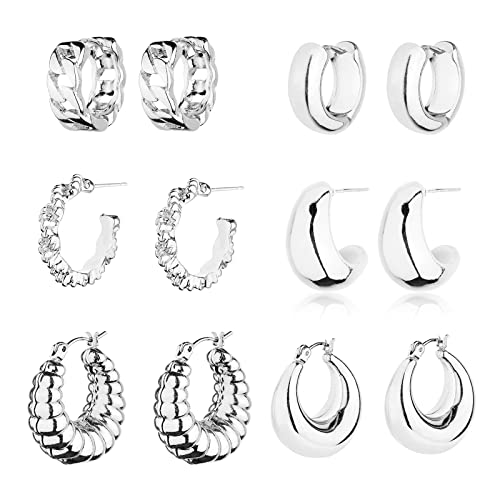 HILXURY Gold Chunky Hoop Earrings Set for Women, 14K Gold Plated Twisted Huggie Hoop Earring Hypoallergenic, Thick Open Hoops Set Lightweight - color: 6 silver chunky hoops