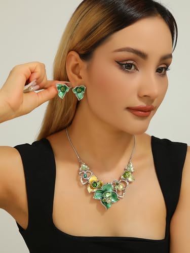 Vintage Chunky Statement Jewelry Set Retro Leaf Floral Geometric Bohemian Boho Bib Necklace Earring Set Fashion Costume Jewelry for Women Girls Wedding Party Prom Unique Gift - style: 3 petal flower JS silver green