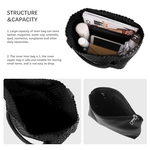 Woven Tote Bag Womens Purse Vegan Leather Shoulder Handbags Fashion Summer Beach Tote Bags Large Travel Totes - color: Black