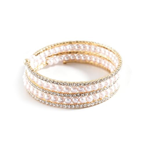 Silver Pearl Bracelet for Women Sparkly Stretch Rhinestone and Pearls Bangle Cuff Adjustable Faux Diamond CZ Bracelets Bling Wedding Costume Jewelry - color: Gold-5Row