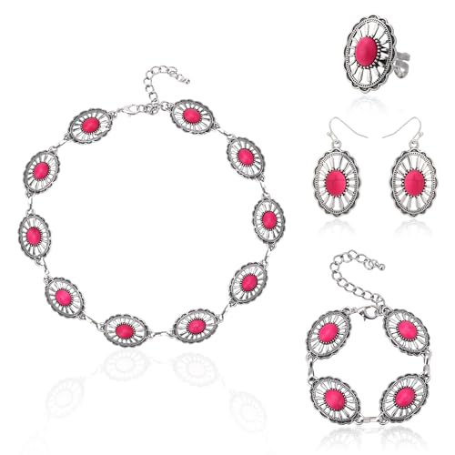 4 PCS Western Turquoise Jewelry for Women Boho Vintage Navajo Pearl Necklace Earring Bracelet Ring Set Country Cowgirl Accessories for Gift - color: L-Magenta