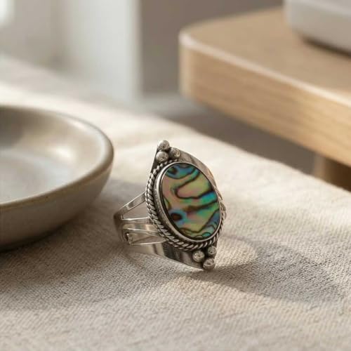 Handmade 925 Sterling Silver Plated Ring Natural Gemstone Carnelian, Rose Quartz, Tiger Eye, Crystal Oval Boho Jewelry For Women - color: Abalone Shell