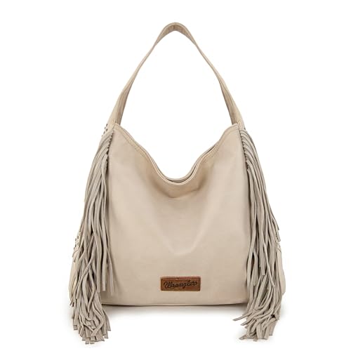 Wrangler Fringe Suede Hobo Bag for Women Leather Western Fringe Purse Tassel Hippie Shoulder Bag - color: Beige