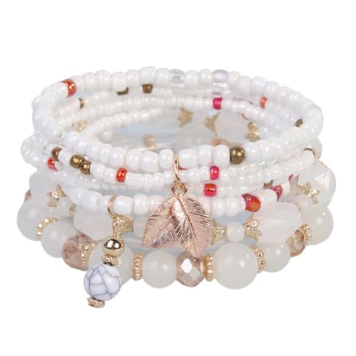 Caiyao 4Pcs Bohemia Multilayer Stackable Beaded Bracelets Set Colorful Crystal Stone Gold Beaded Stretch Bracelets Hawaii Charm Bracelet for Women Men Summer Beach Boho Vacation Jewelry Gifts - color: 7pcs white