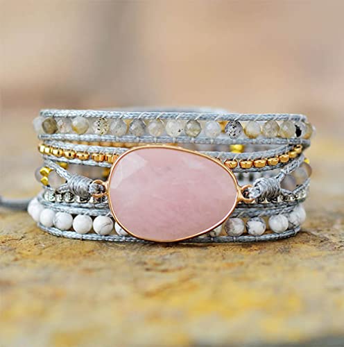 Women Wrap Bracelet Boho Natural Jasper Crystal Stone Beads Strand Bracelets - color: Pink Quartz