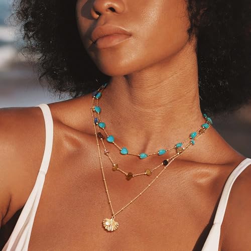 Created Turquoise Necklace for Women 14K Gold Plated Beaded Heart Choker Boho Necklaces Handmade Beach Summer Everyday Western Jewelry Gifts - color: Gold Chain, style: Heart