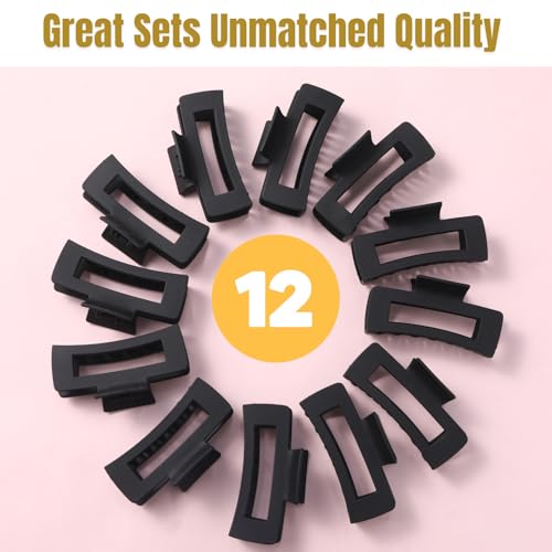 12 Pack Large Black Square Hair Claw Clips for Women, 4.3 Inch Matte Rectangle Claw Clips, Strong Hold & Non-Slip for Thick or Thin Hair - color: Black