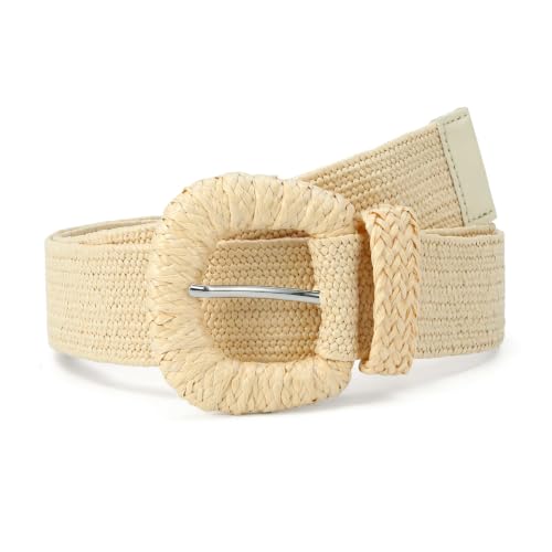 HOTWILL Women Straw Woven Belt Boho Elastic Stretch Braided Waist Belts for Summer Dresses - color: Beige_d Ring Buckle