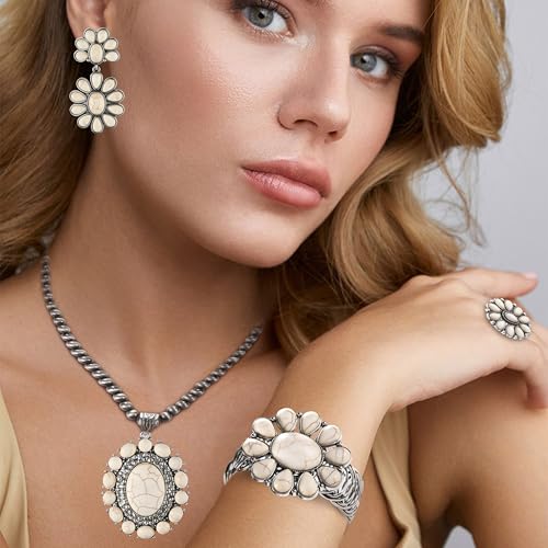 4 PCS Western Turquoise Jewelry for Women Boho Vintage Navajo Pearl Necklace Earring Bracelet Ring Set Country Cowgirl Accessories for Gift - color: A-White