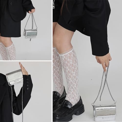 Small Crossbody Purse Bag for Women，Y2K Cute Metallic Croc-Embossed Handbag with Chain Strap - color: Mini Silver