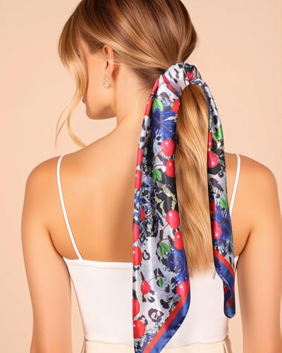 AWAYTR 35” Square Satin Head Scarf Hair Scarf for Women's Hair Silk Bandana for Women Silk Head Wrap for Sleeping - color: Leopard Print Blue