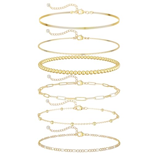 Dearmay Gold Bracelets for Women Waterproof, 14K Gold Plated Minimalist Bracelets Stack Non Tarnish Trendy Dainty Herringbone Vintage Cuban Paperclip Rope Thin Box Link Chain Stackable Jewelry Sets Modern Fashion Accessories Gifts for Womens - style: 5Pcs