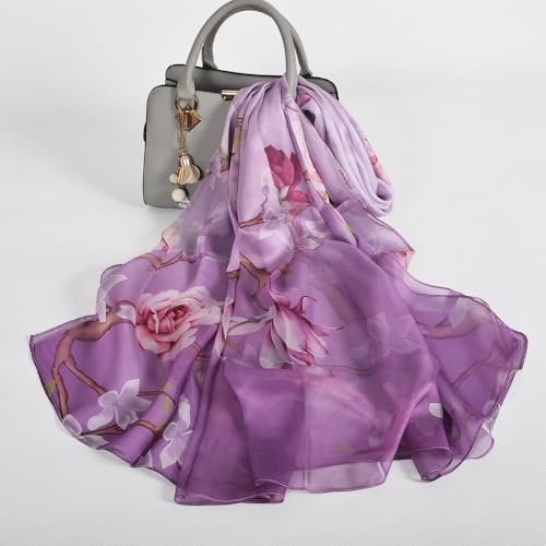100% Mulberry Silk Women's Neck Silk Scarf-Lightweight Shawl,FLoral Print Beach Silk Wrap-Scarves for Photography - color: Purple