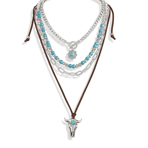 Western Necklaces Boho Layered Charm Necklace for Women Turquoise Beaded Choker Ox-head Pendant Necklace Western Jewelry for Women Cowgirl Accessories - color: Style-A