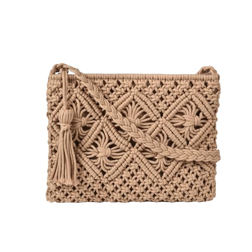 Eiyye Handmade Crochet Purse Boho Cotton Rope Crossbody Shoulder Bag with Tassel Casual Bag for Women - color: Light-brown
