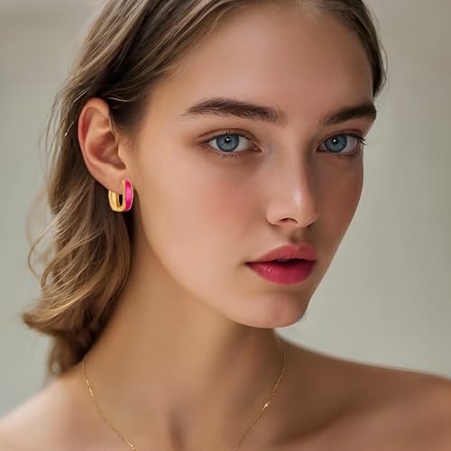 Chunky Hoop Earrings for Women Thick Minimalist Geometric Huggie Hoop Earrings Dainty Thick Y2K Preppy Earrings - style: Square-hot pink