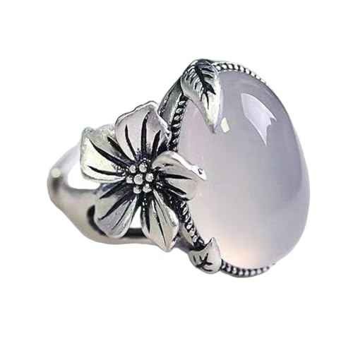 Boho Oval Stone Flower Leaf Statement Ring for Women Antique Silver Plated Vintage Crystal Plum Blossom Adjustable Open Wrap Rings Comfort Fit Retro Gemstone Art Decor Wedding Engagement Jewelry - color: White