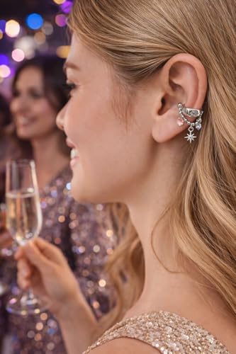 Silver Star Cartilage Huggie Earrings for Women – Crystal Celestial Charm Beaded Chain Dangle Helix Piercing Hoop Earrings, Pink Blue Y2K Vintage Trendy Jewelry Gift - color: 1PCS Silver Star