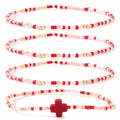 Gold Colorful Beaded Cross Bracelet Stack Set for Women,Handmade Bohemian Seed Beads Stacked Bracelets Fashion Holiday Jewelry Gift - color: Red